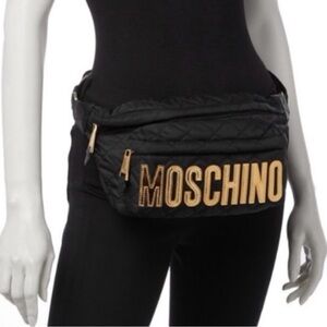 MOSCHINO Quilted Bum Bag Waist Bag Fanny Pack Black Large Gold Logo + Bag Charm